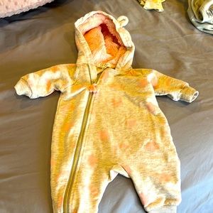 Jessica Simpson pink and gray romper with gold zipper and pompom size 0/3M